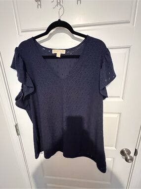 Michael Kors Navy Eyelet V-Neck Flutter Sleeve Top